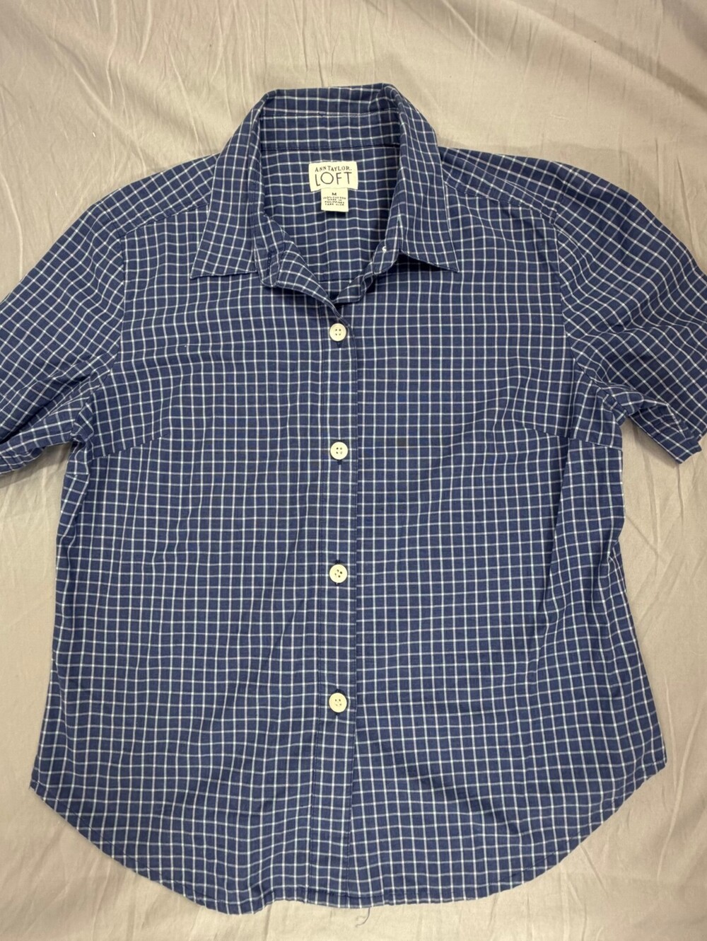 Ann Taylor LOFT Medium Blue Checkered Short Sleeve 100% Cotton Shirt